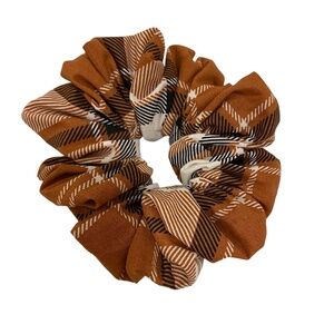 Plaid Hair Scrunchie. Caramel Brown Multi. Medium